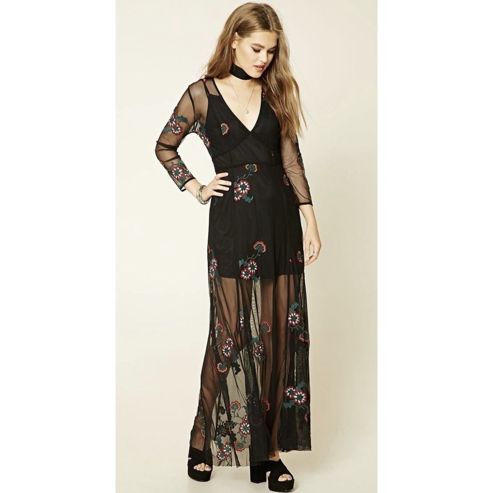 Y2k Maxi Dress Sz S Black Sheer Mesh Embroidered Floral Babydoll Fairy Grunge‎